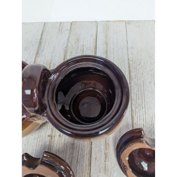 Vintage Dark Brown Glazed Stoneware Double Condiment Pot With Lids Spoons Taiwan - Picture 7 of 12